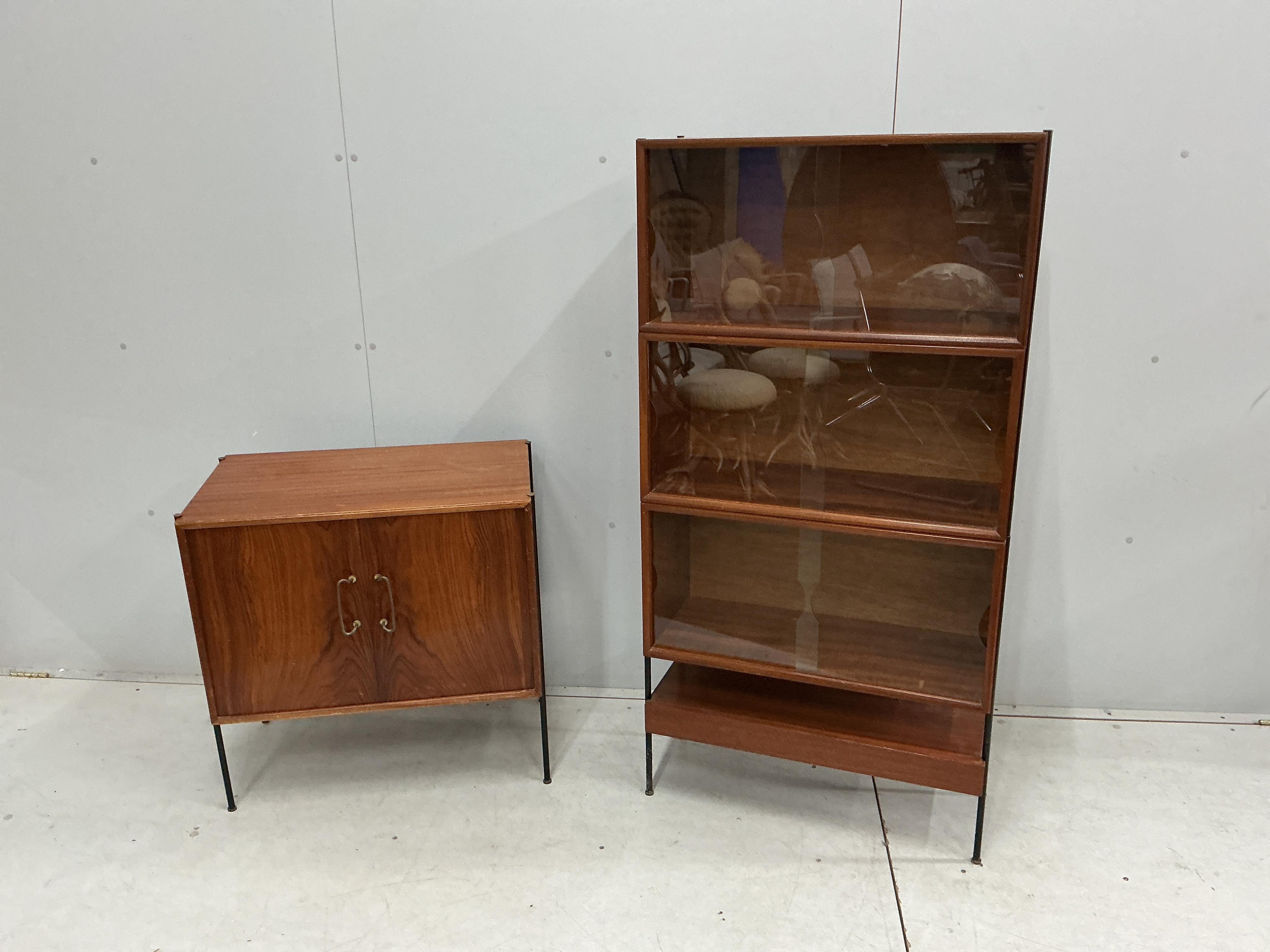 A mid century bookcase, width 70cm, depth 30cm, height 138cm together with a small cupboard